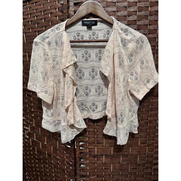Perceptions New York Tops - Womens XL Shrug Top Delicate Ruffle Romantic Coastal Beach Crochet Sheer Beige